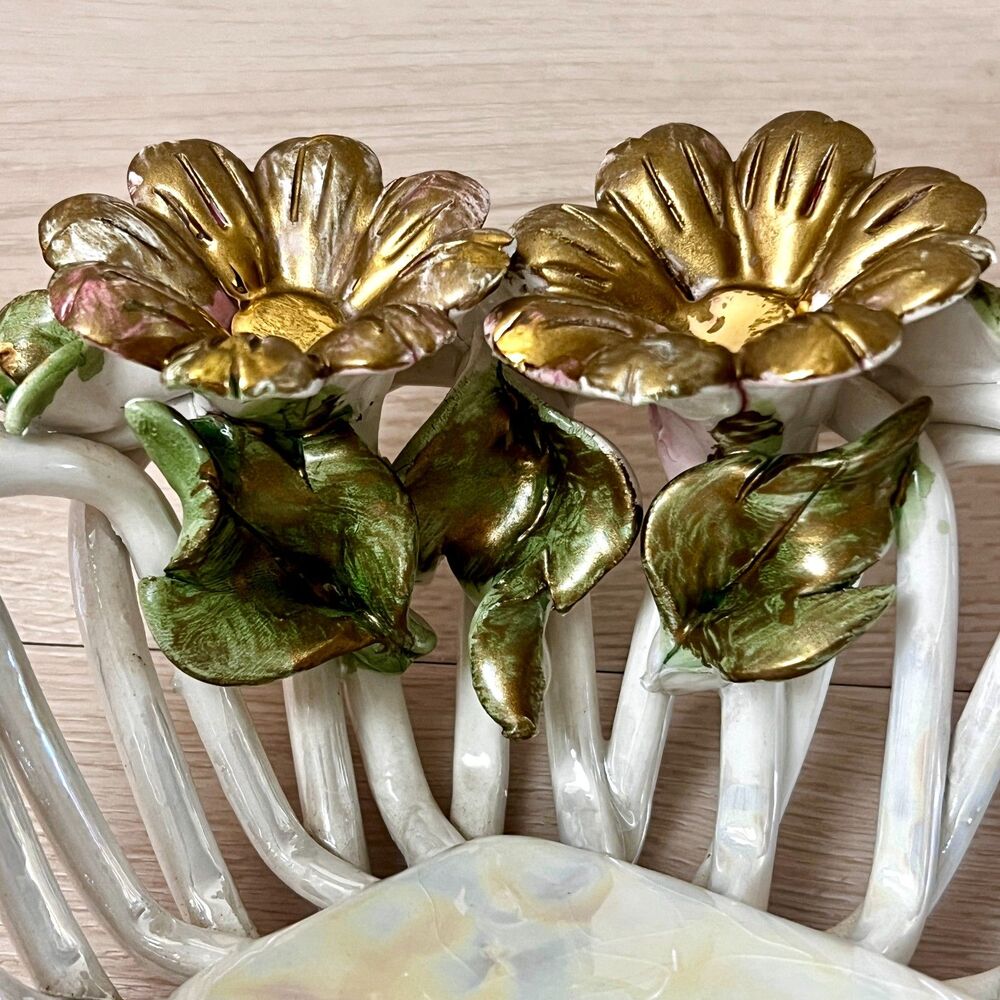 Vintage Capodimonte Italy (SIGNED) Iridescent Porcelain Open Lattice Weave Bowl - Picture 12 of 16